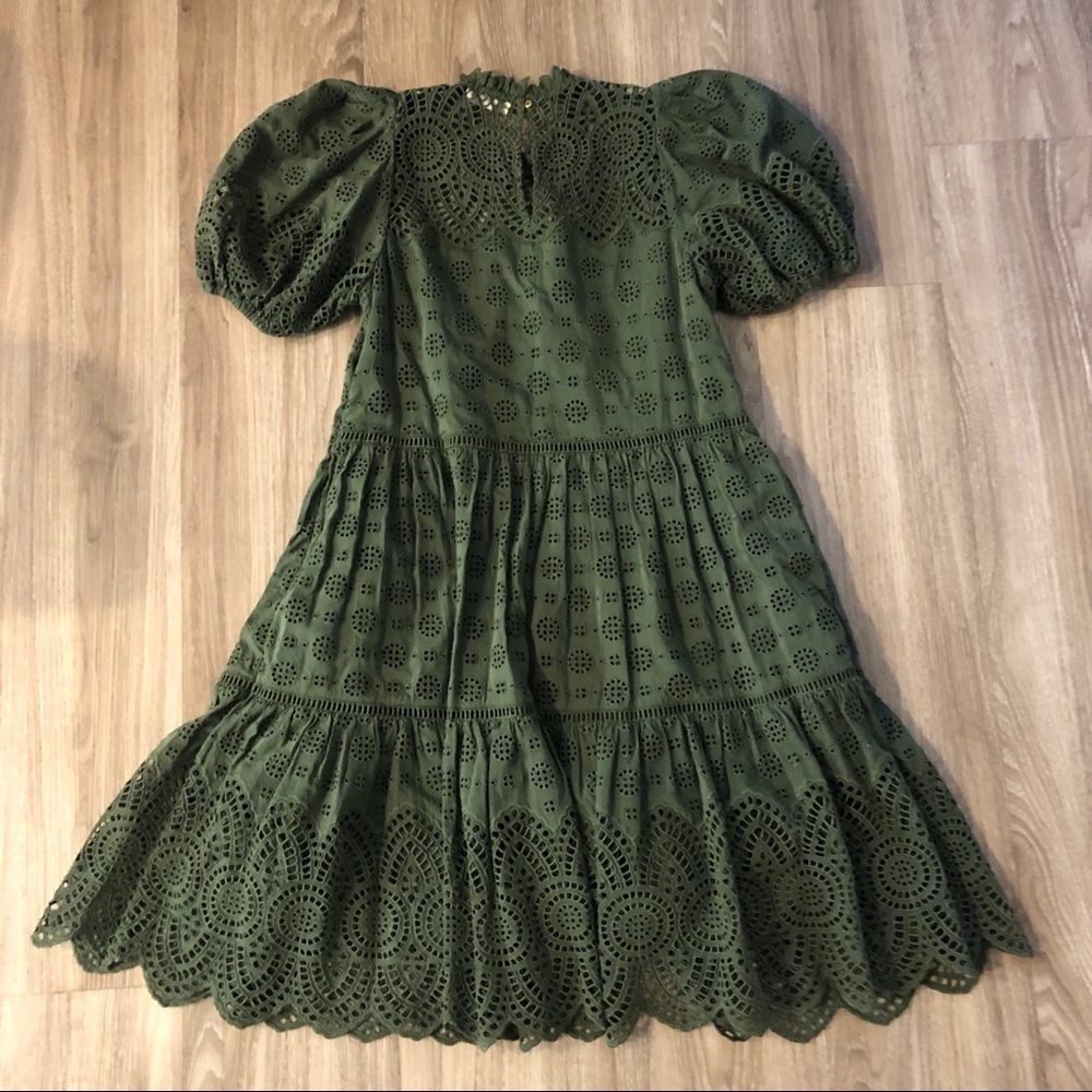 Ulla Johnson Simone Broderie Anglaise Puff Sleeve Shift Dress Army Green - Picture 9 of 10